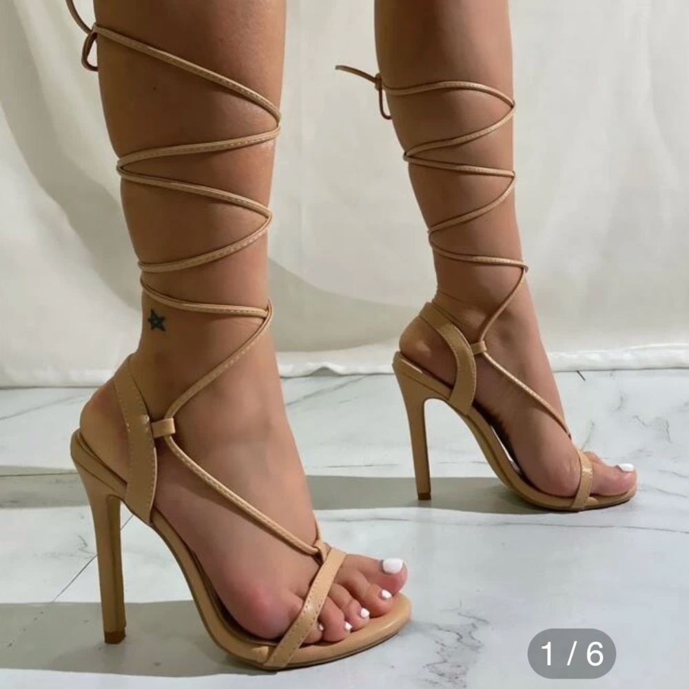 Tie Leg Stiletto beige Heeled Sandals